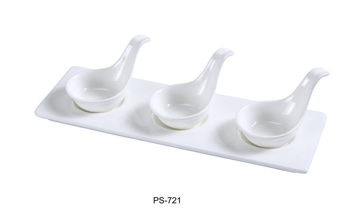 Yanco PS-721 Piscataway Three 2" Spoon with 10 1/2" x 3 1/2" Tray, 2 Oz Each, China, White, Pack of 12 Set
