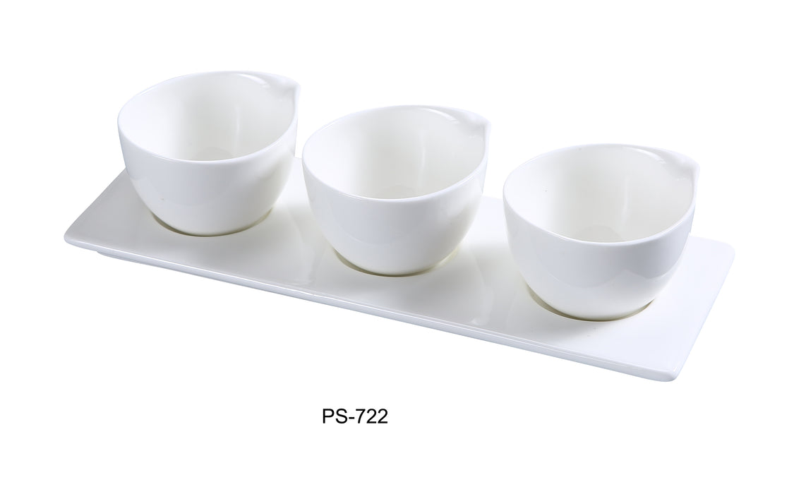 Yanco PS-722 Piscataway Three 3" Cup with 10 1/2" x 3 1/2" Tray, 4 Oz Each, China, White, Pack of 12 Set
