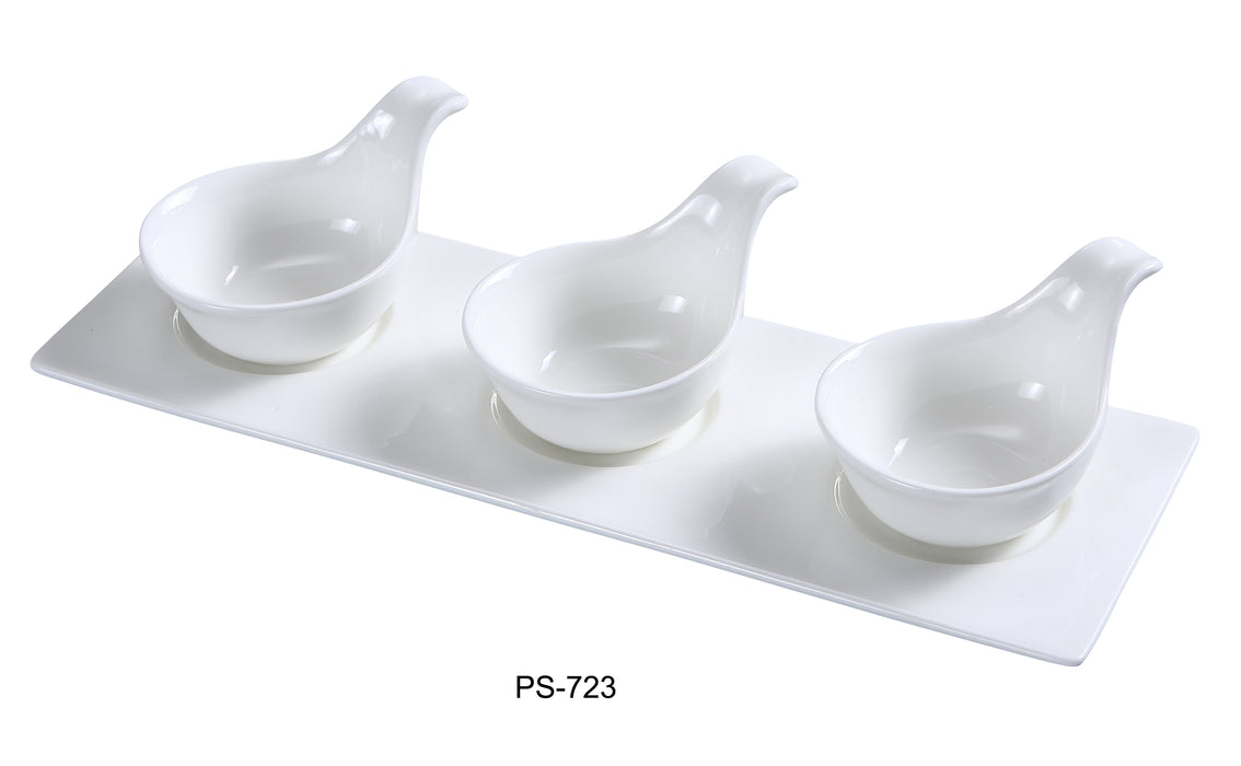 Yanco PS-723 Piscataway Three 3 1/4" spoon with 13 1/2" x 4 1/2" Tray, 4 Oz Each, China, White, Pack of 12 Set