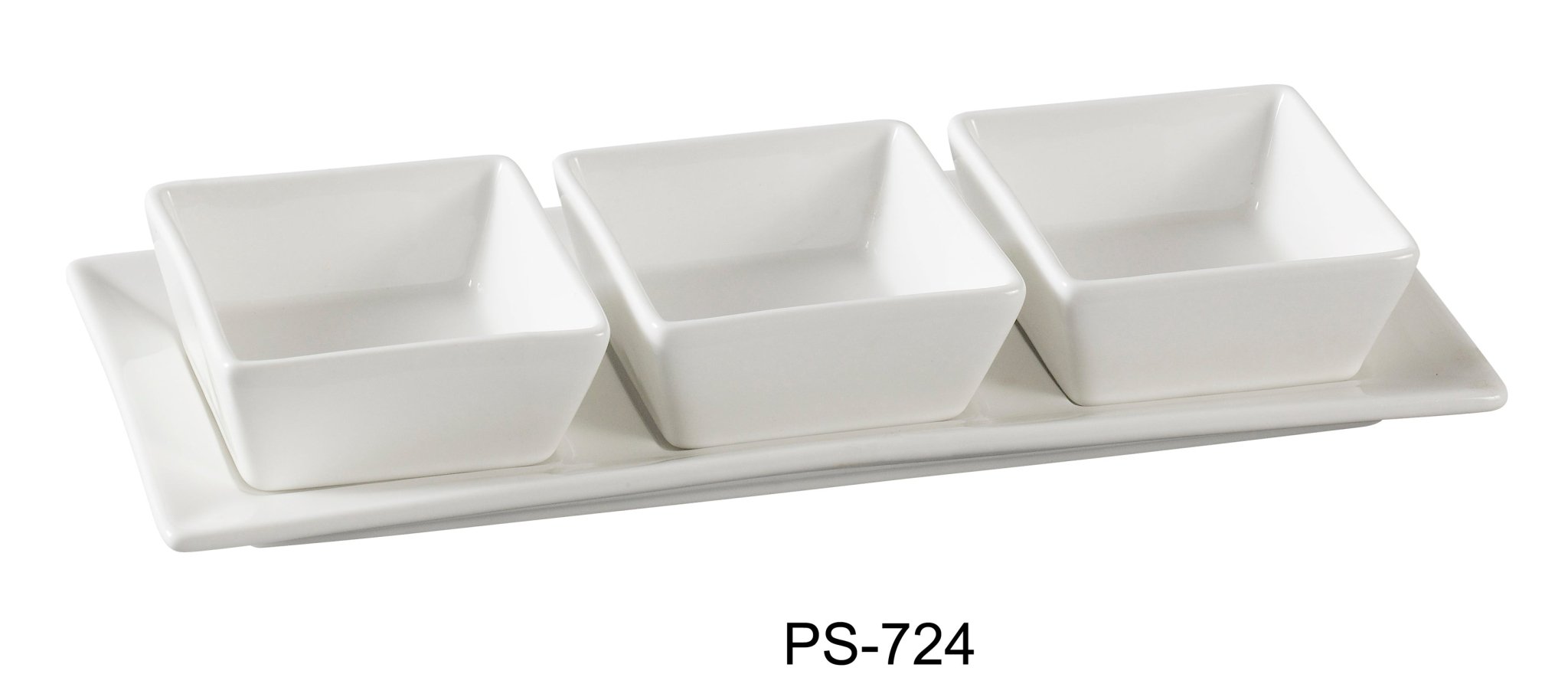 Yanco PS - 724 Piscataway Three 3" Square Bowl with 11" x 4 1/4" Tray, 3 Oz Each, China, White, Pack of 12 Set