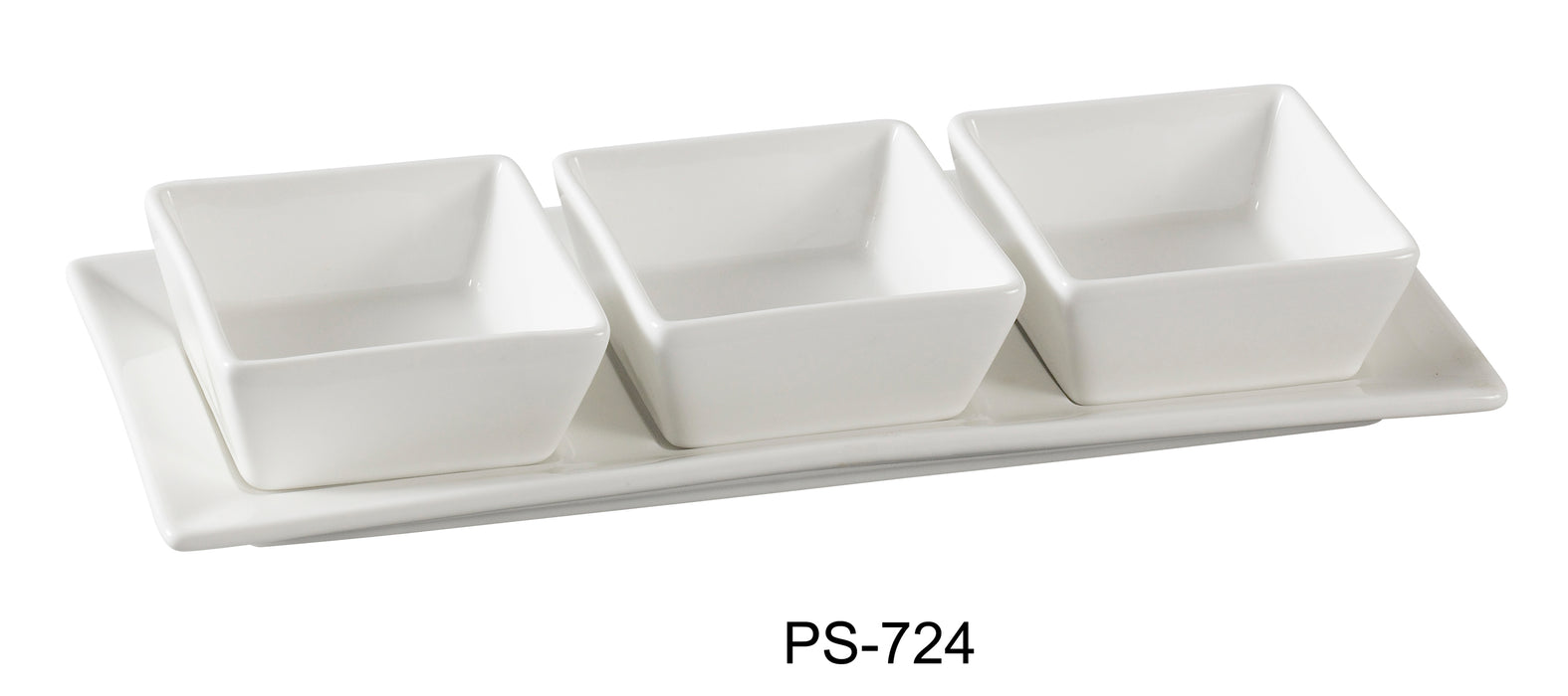 Yanco PS-724 Piscataway Three 3" Square Bowl with 11" x 4 1/4" Tray, 3 Oz Each, China, White, Pack of 12 Set