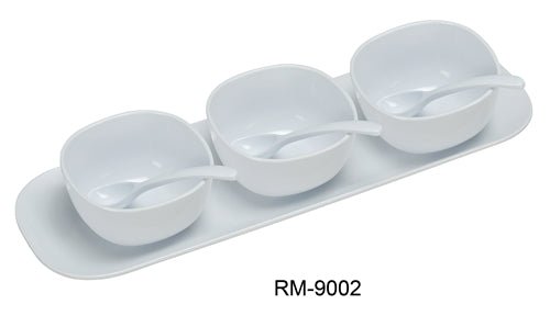 Yanco RM - 9002 Rome Condiment Bowl Set, 16" Saucer with Three 4" Bowls & 3 Spoons, Melamine, White Color, Pack of 12