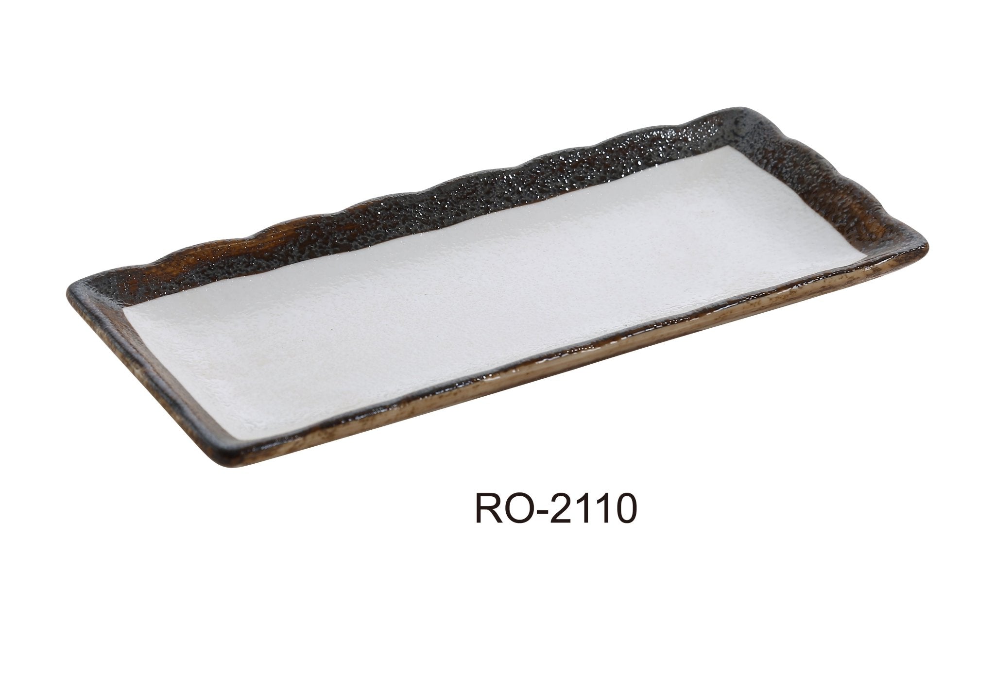 Yanco RO - 2110 ROCKEYE 10" x 4 1/4" Rectangular Sushi Plate, China, Two - Tone, White & Brown, Pack of 24