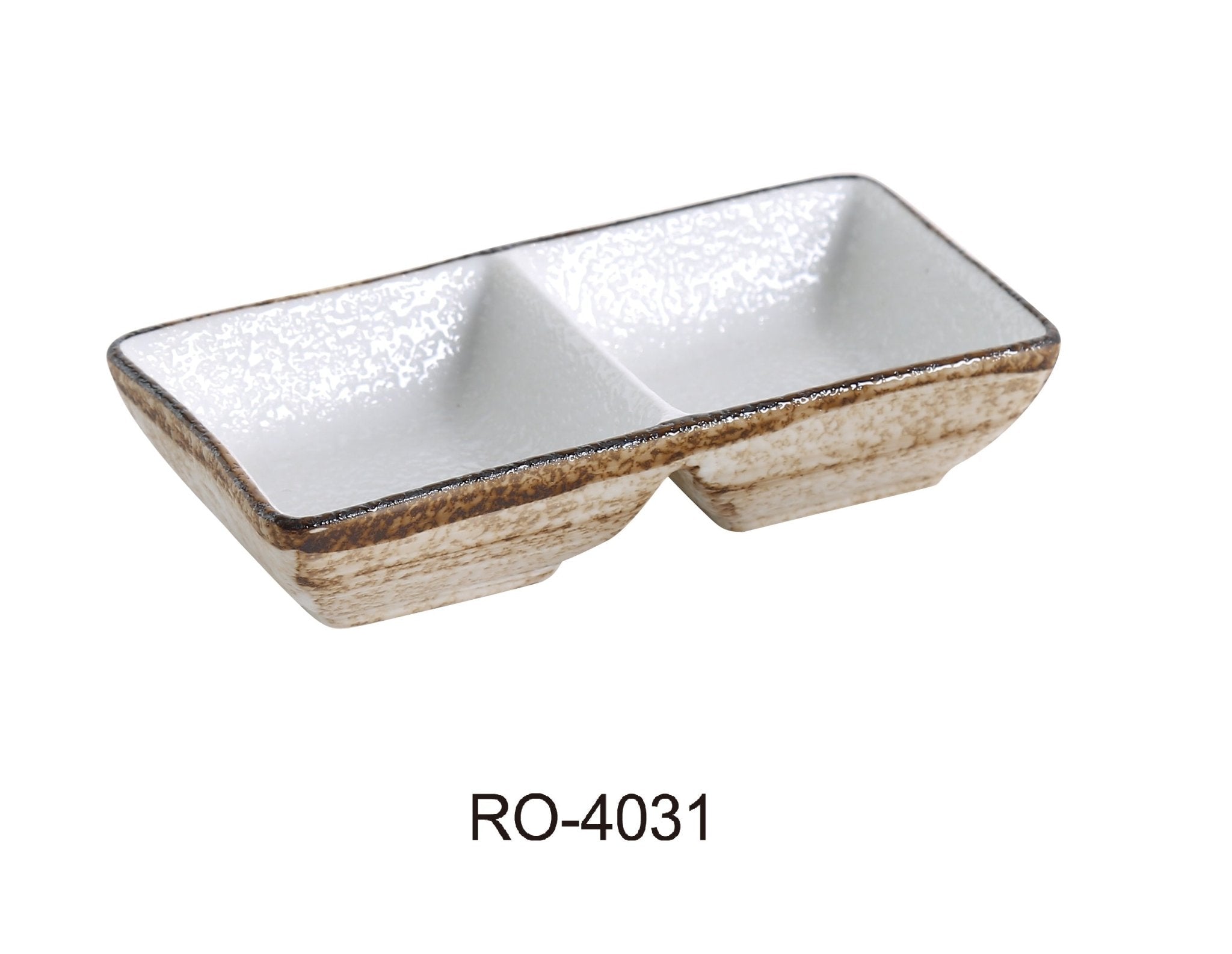 Yanco RO - 4031 ROCKEYE 5 1/2" x 3" Rectangular Double Divided Sauce Dish, 2 Oz Each, China, White & Brown, Pack of 36