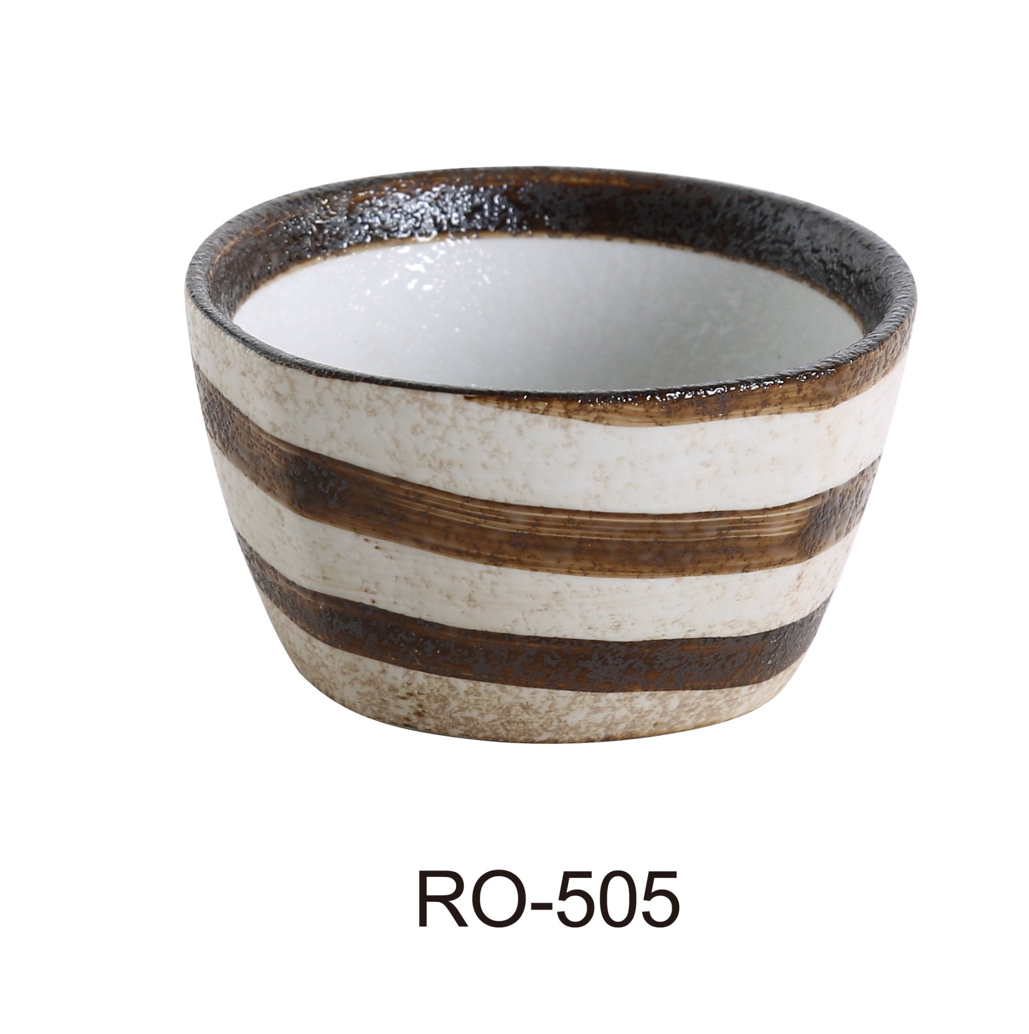 Yanco RO - 505 ROCKEYE 4 1/2" x 2 1/2" Round Onion Soup Crock, 12 Oz, China, White & Brown, Pack of 36