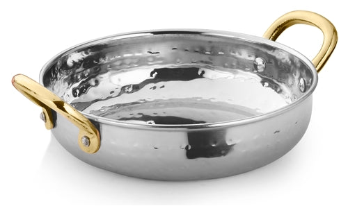 Hammered Stainless Steel Round Serving Bowl Fry Pan with Brass Handles - 30 Oz.