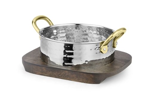 Hammered Stainless Steel Sauce Pan serving bowl with wooden Underliner - 20 Oz.