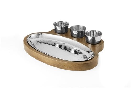 Hammered Stainless Steel Oval Platter with Wooden Underliner and 3 Conical Bowls