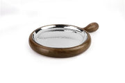 Hammered Stainless Steel Round Platter with Wooden Underliner Handle - 7.8 Inches (19.8 cm)
