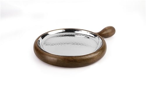 Hammered Stainless Steel Round Platter with Wooden Underliner Handle - 7.8 Inches (19.8 cm)