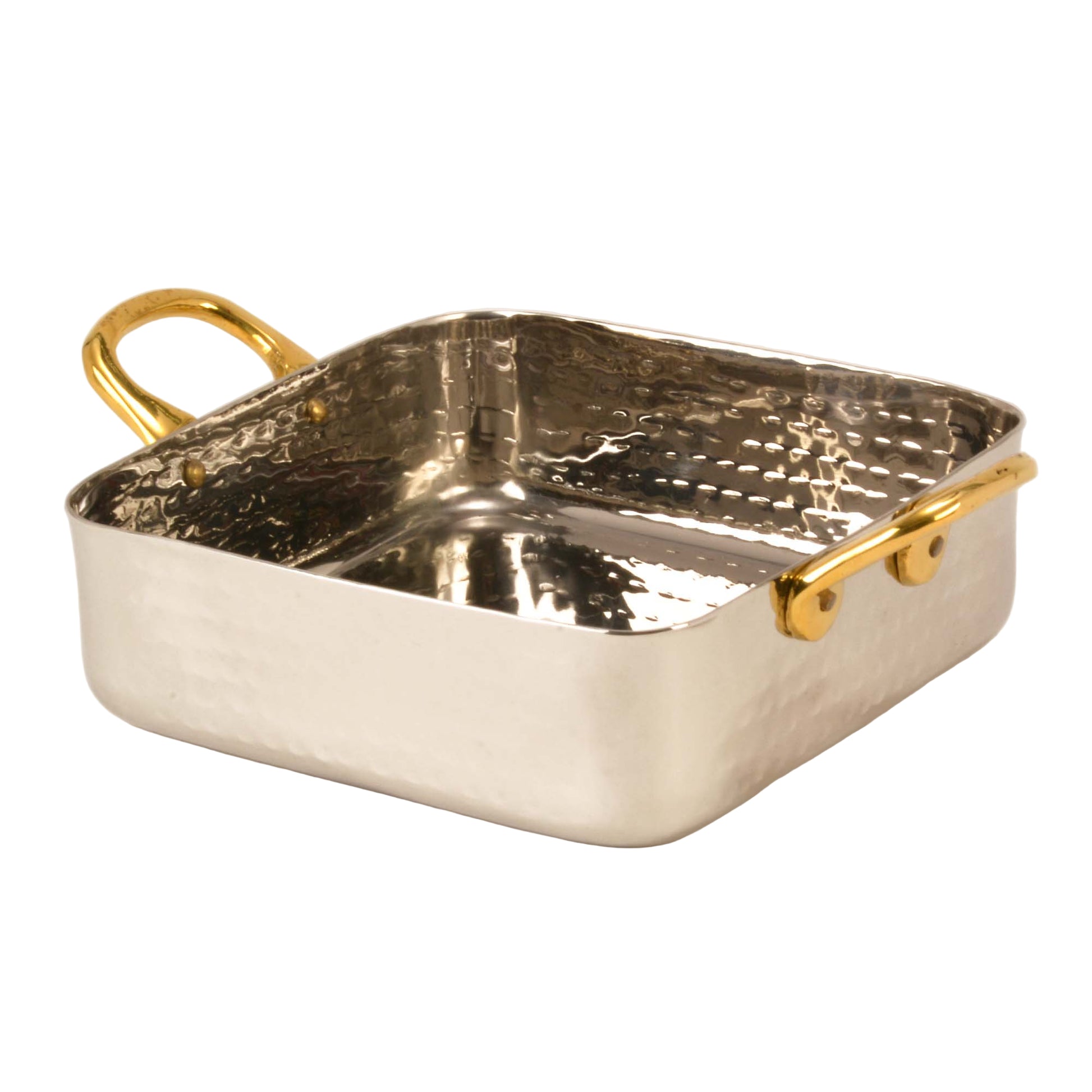 Hammered Stainless Steel Square Serving Bowl with 2 Brass Handles - 20 Oz.
