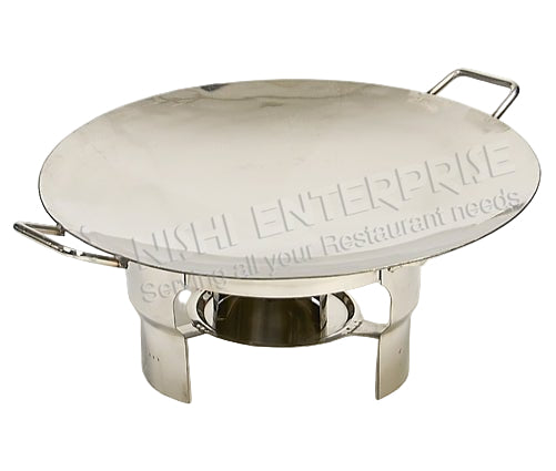 Stainless Steel Round Tava Platter Stand - 15 Inch shown with tava