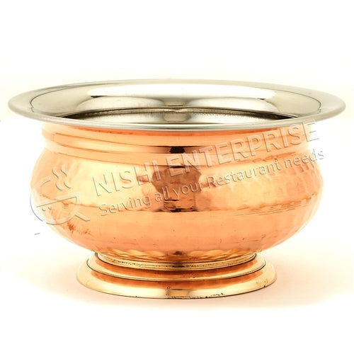 Ornate Large Copper and Stainless Steel Handi Bowl with Tiered Brass Base (26 Oz.)