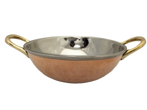 Copper/Stainless Steel Kadai Bowl with Brass Handles - 12 Oz.