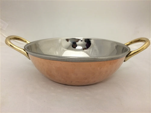 Copper/Stainless Steel Kadai Bowl with Brass Handles - 16 Oz.