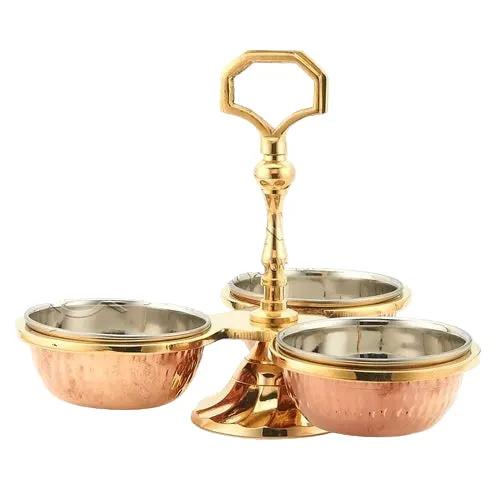 Copper/Stainless Steel Condiment Pickle Stand 3 Bowls and brass stand