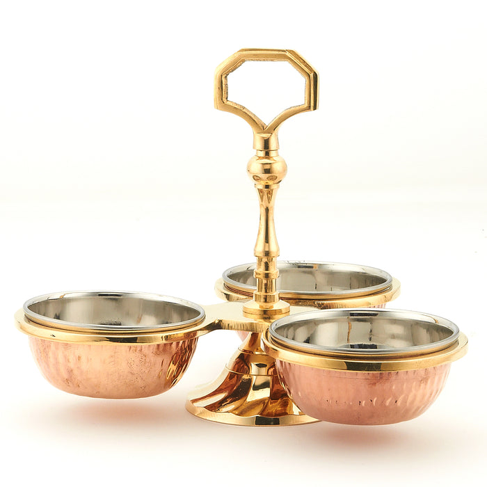 Copper/Stainless Steel Condiment Pickle Stand - 3 Bowls