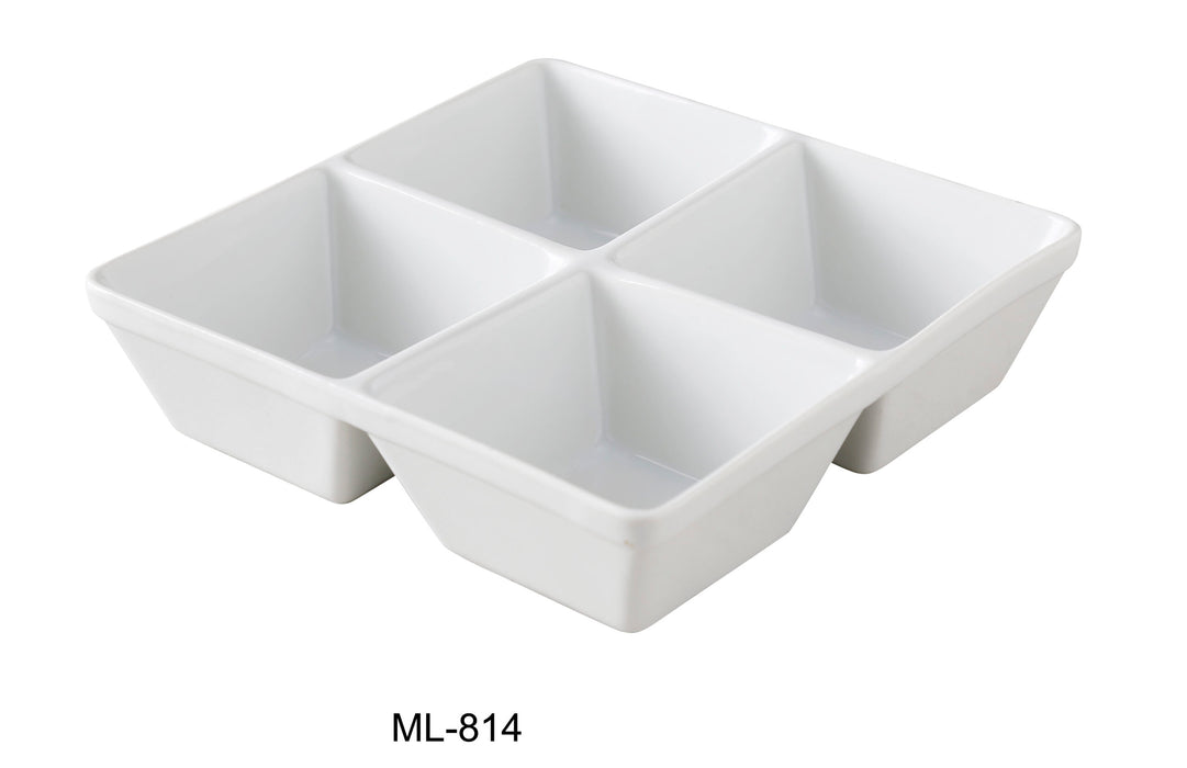 Yanco ML-814 Four Divided Square Bowl, 6 Oz/Well, 7″ Length, 7″ Width, China, Super White, Pack of 24