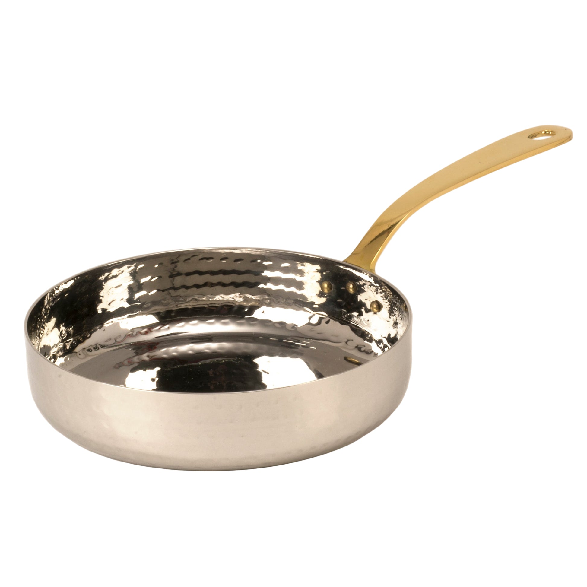 Hammered Stainless Steel Fry Pan serving bowl with Brass Handle - 18 Oz.