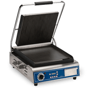 Globe GPGS14D Deluxe Electric Single Sandwich Grill with Grooved Top and Smooth Bottom - Dual 14" x 14" Cooking Surface - 120V, 1800W