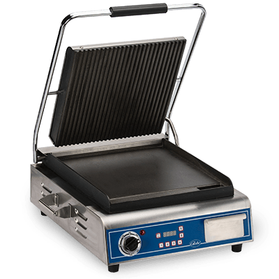 Globe GPGS14D Deluxe Electric Single Sandwich Grill with Grooved Top and Smooth Bottom - Dual 14" x 14" Cooking Surface - 120V, 1800W