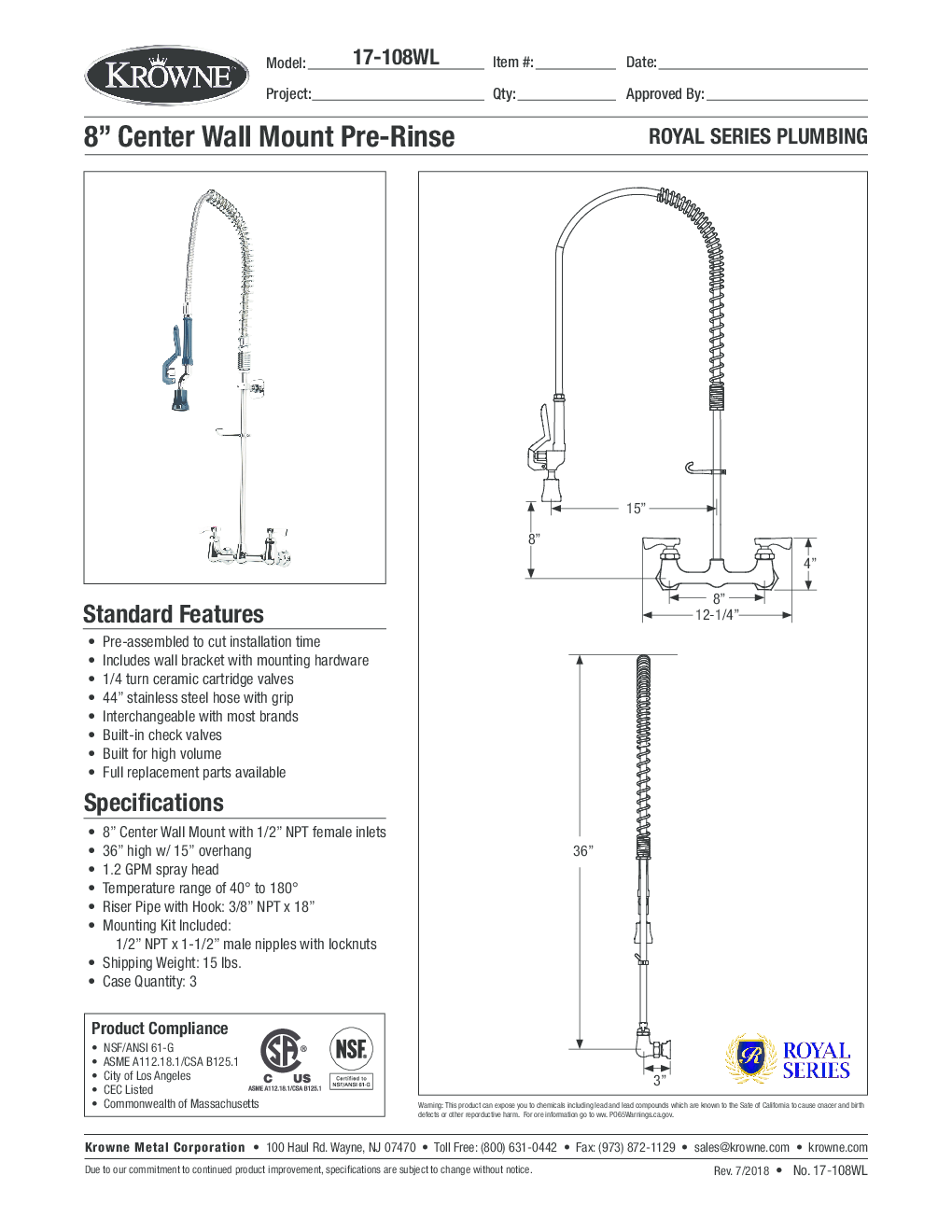 Krowne Royal Series 8" Wall Mount Pre Rinse Faucet - Model - 17 - 108WL