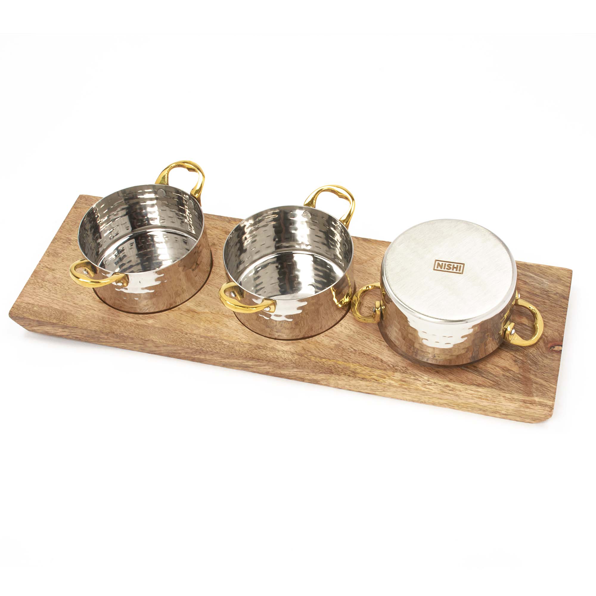 Stainless Steel 3 Hammered Sauce Pan Server with Brass Handles on Wooden Under Liner