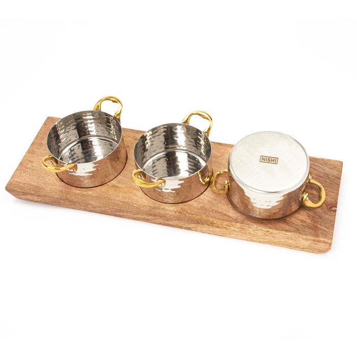 Stainless Steel 3 Hammered Sauce Pan Server with Brass Handles on Wooden Under Liner