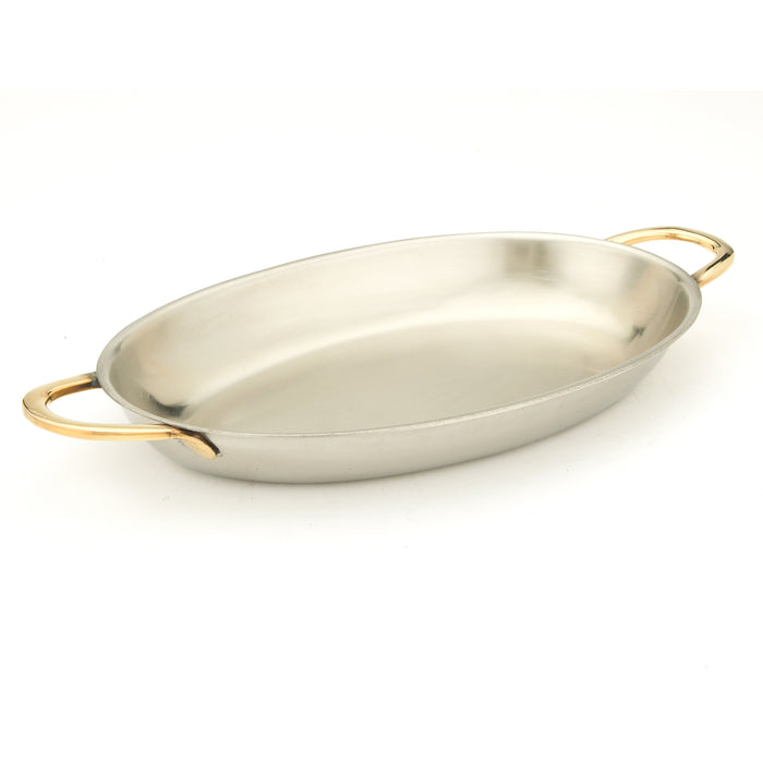 Stainless Steel Au Gratin Oval serving Dish with Brass handle - 16 Oz.