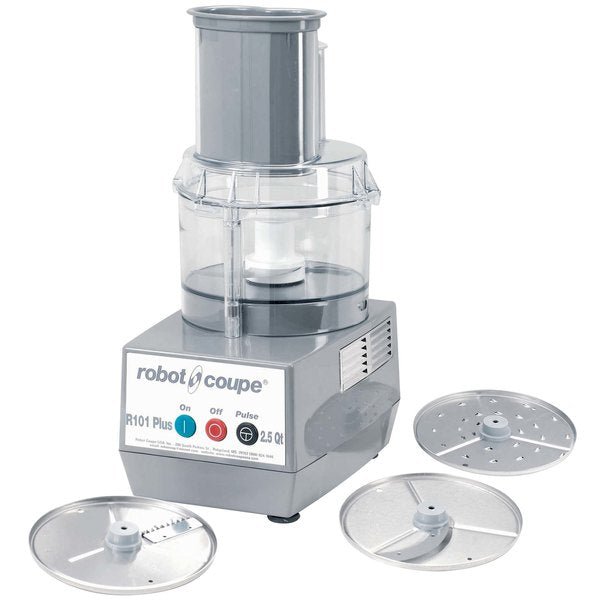 Robot Coupe R101PPLUS 2.5 Qt. Clear Batch Bowl Food Processor with Vegetable Prep Lid Chute & 3 Discs - 3/4 HP, Single Phase