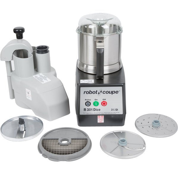 Robot Coupe R301U DICE Food Processor with 3.5 Qt. Stainless Steel Bowl, Continuous Feed & 4 Discs - 2 HP