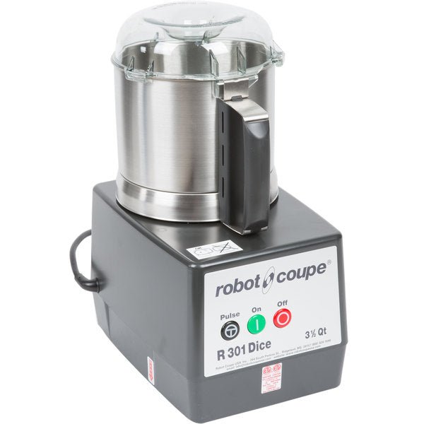 Robot Coupe R301U DICE Food Processor with 3.5 Qt. Stainless Steel Bowl, Continuous Feed & 4 Discs - 2 HP