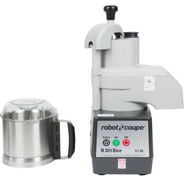 Robot Coupe R301U DICE Food Processor with 3.5 Qt. Stainless Steel Bowl, Continuous Feed & 4 Discs - 2 HP