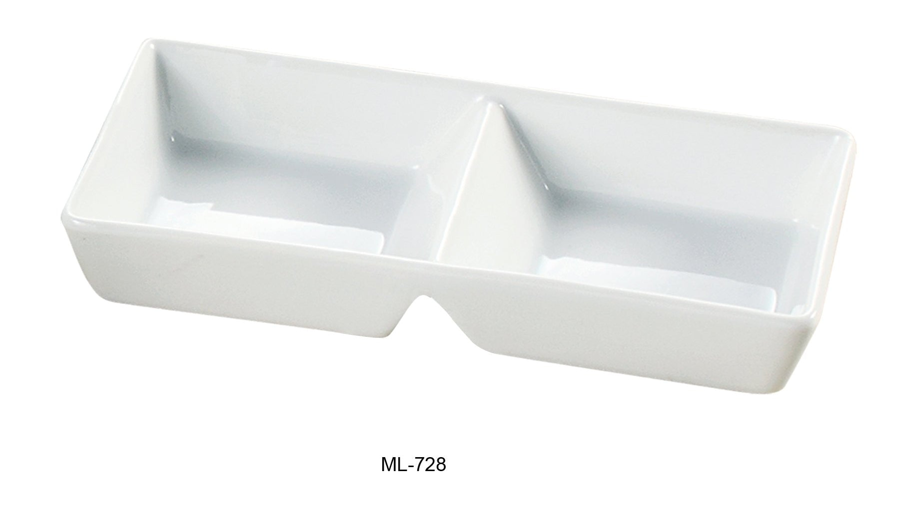 Yanco ML - 728 Two Divided Tray, 2 X 10 oz Wells, 10"‚ Length x 1.625"‚ Height, 4"‚ Width, China, Super White Color, Pack of 24