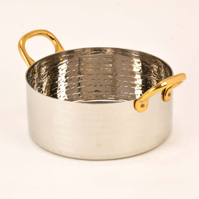 Hammered Stainless Steel Sauce Pan serving bowl with Brass Handles - 20 Oz.