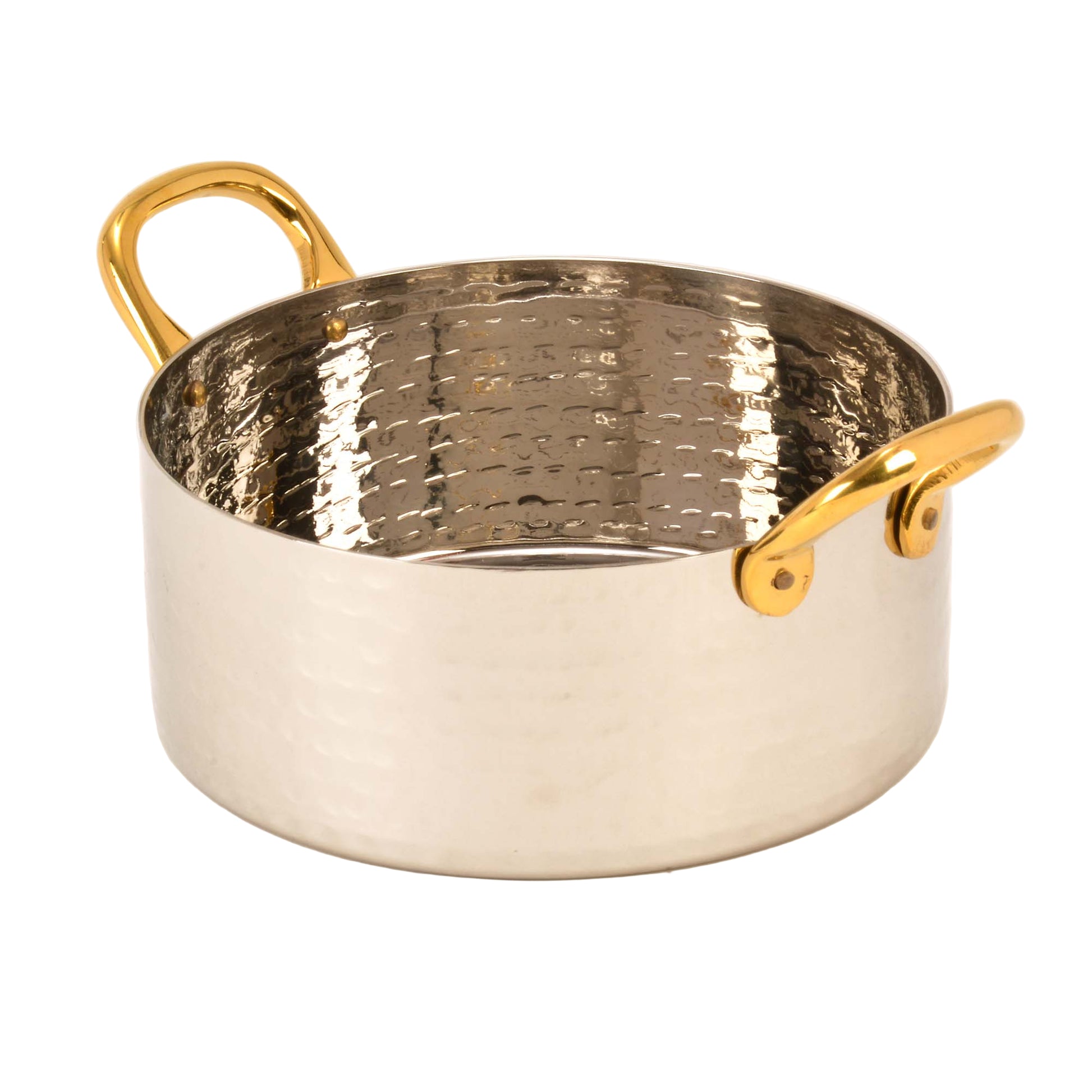 Hammered Stainless Steel Sauce Pan serving bowls with Brass Handles - 28 Oz.