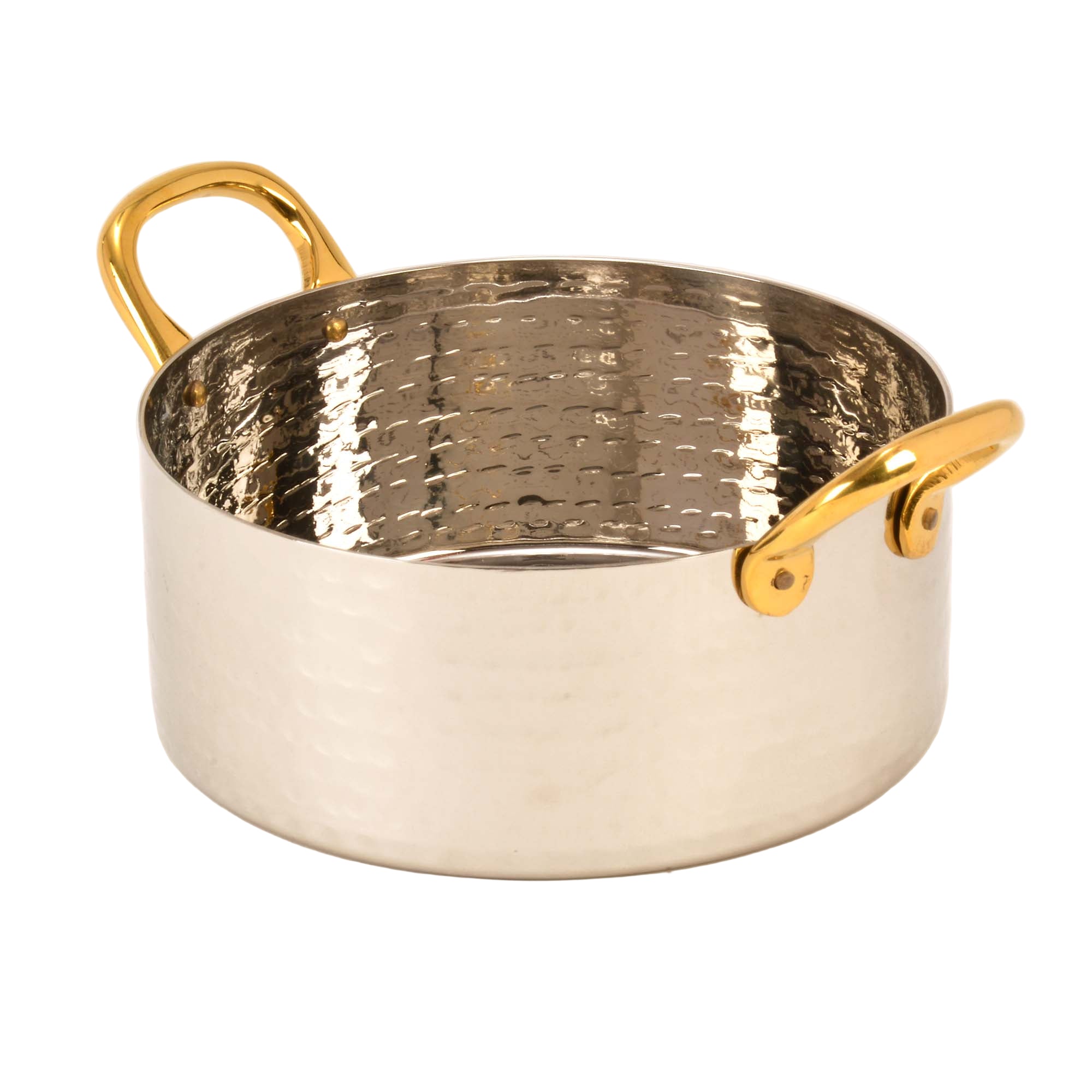 Hammered Stainless Steel Sauce Pan serving bowls with Brass Handles - 28 Oz.