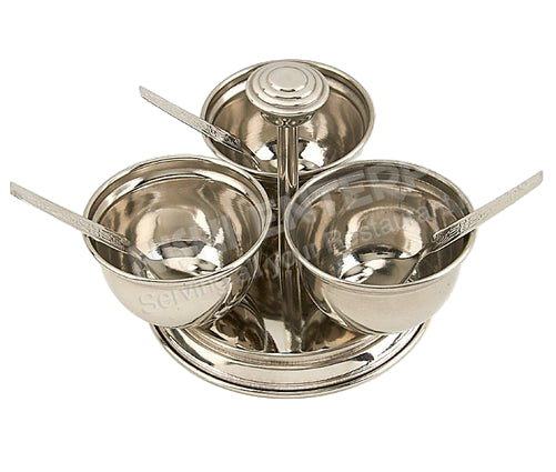 Stainless Steel Pickle Stand - 3 Bowls - Handle