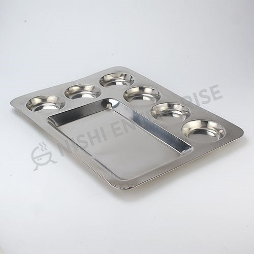 Stainless Steel Rectangular Compartment Plate / Thali with 7 compartments - 16 Inch