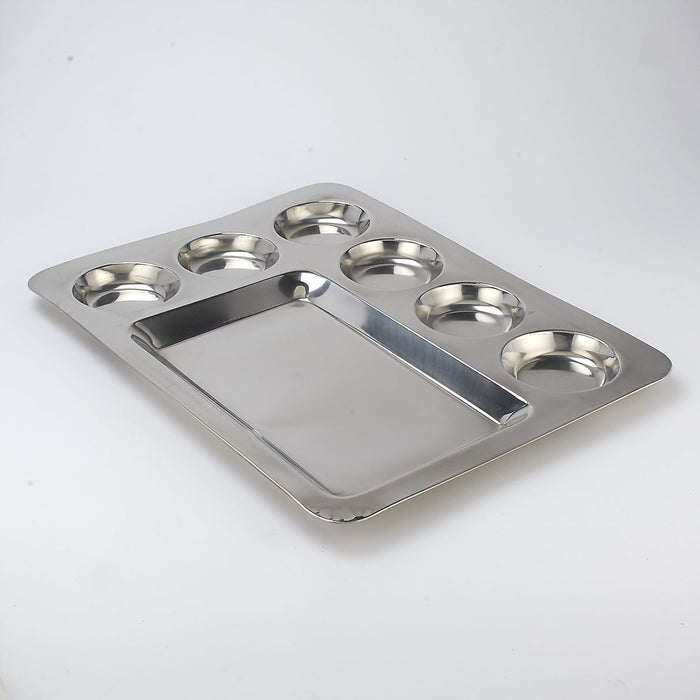 Stainless Steel Rectangular Compartment Plate / Thali with 7 compartments - 16 Inch