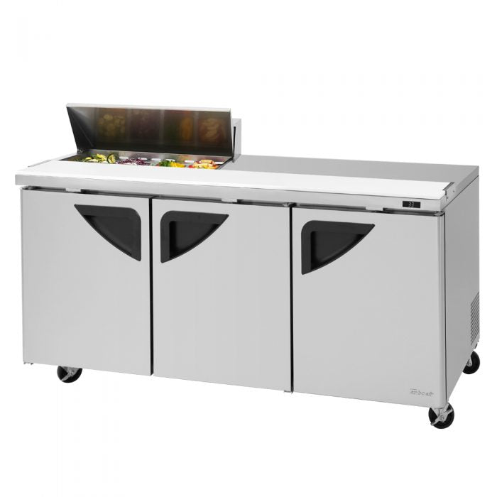 Turbo Air TST-72SD-08S-N(-LW), 3 Solid Doors Refrigerated Sandwich/Salad Unit / 72R Salad Hood w/ Right side(Left side) workstation