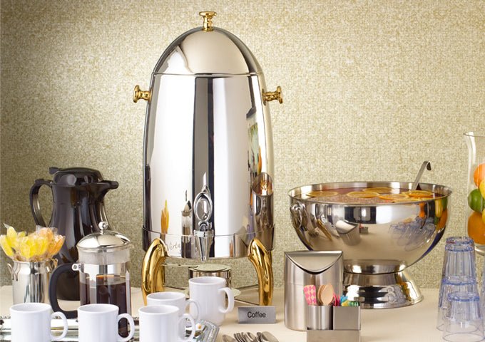 Winco 903A Virtuoso Coffee Urn with Gold Legs & Handle, 3 Gallon, Two - Tone