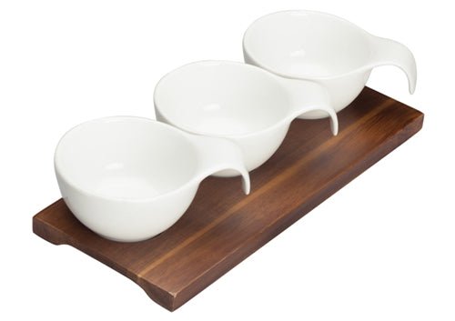 Winco WDP015 - 102 Trio Bowl Set with Wooden Plate, Bright White